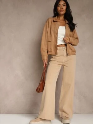 Beżowe Jeansy High Waist Wide Leg z Surowo Zakończonymi Nogawkami Rhelnell