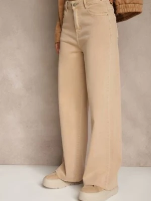 Beżowe Jeansy High Waist Wide Leg z Surowo Zakończonymi Nogawkami Rhelnell