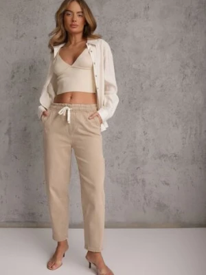 Beżowe Jeansy Mom Fit High Waist z Bawełny ze Ściągaczem w Pasie Phiales milas91