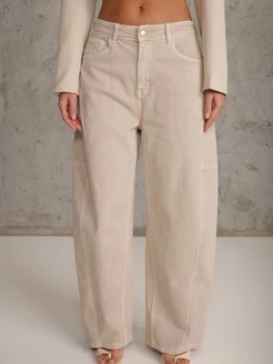 Beżowe Jeansy z Bawełny Typu Balloon High Waist Ozdobione Przeszyciami Eunaris