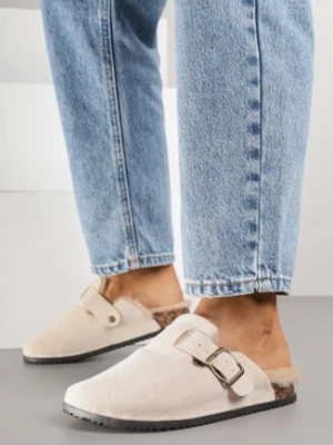 Beżowe Kapcie Chodaki na Korkowej Podeszwie z Paskiem i Klamrą Aponella shoes