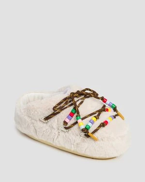 Beżowe kapcie futrzane damskie Moon Boot Mule Faux Fur Beads