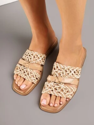 Beżowe Klapki Ażurowe Zdobione Wiązaniem Koritessa marquiiz