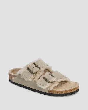 Beżowe Klapki Futrzane Damskie Birkenstock Arizona Shearling Narrow