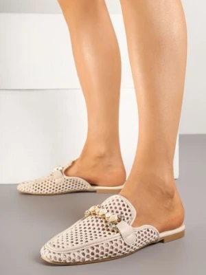 Beżowe Klapki Mule z Siateczkową Cholewką Ozdobione Cyrkoniami i Klamrą Nimivina givana