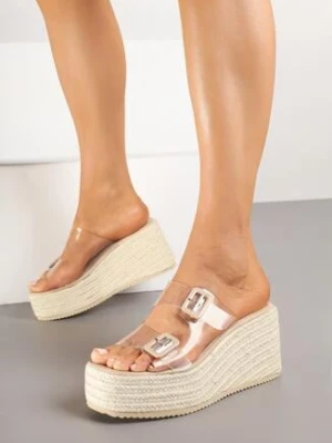 Beżowe Klapki na Koturnie w Stylu Boho z Transparentnymi Paskami Neodeora