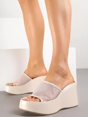 Beżowe Klapki na Koturnie z Siateczkową Cholewką z Cyrkoniami Kinenia sergio todzi