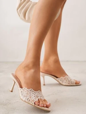 Beżowe Klapki na Metalicznej Szpilce z Koronką Theiseusa