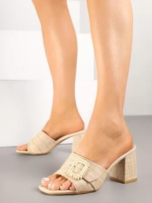 Beżowe Klapki na Obcasie z Ozdobną Klamrą Sefivana besty