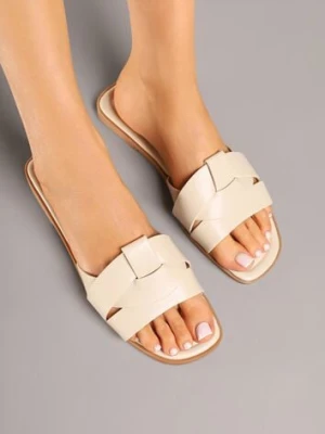 Beżowe Klapki na Płaskiej Podeszwie z Ozdobną Cholewką Redamine mulanka