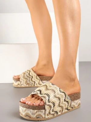 Beżowe Klapki na Platformie z Plecioną Rafią w Geometryczny Wzór Ciarilane ciaodeo