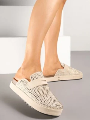 Beżowe Klapki Ozdobione Paskiem i Cyrkoniami Aludessa lady glory