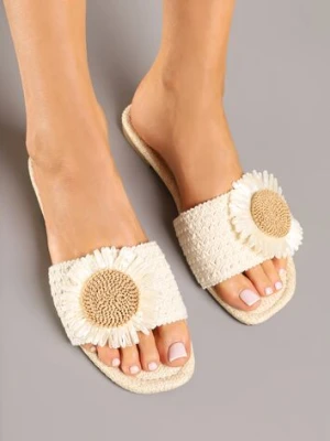 Beżowe Klapki Ozdobione Szydełkowym Wzorem i Kwiatem 3D Nilvielle weide