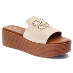 Beżowe Klapki Simius Eleganckie Buty Na Koturnie