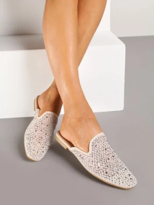 Beżowe Klapki Typu Mule na Płaskiej Podeszwie z Cyrkoniami Daniora