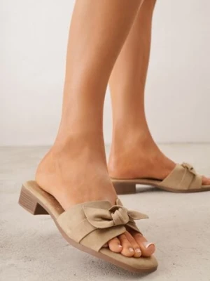 Beżowe Klapki VICES na Niskim Słupku z Ozdobną Kokardą z Imitacji Zamszu Mole