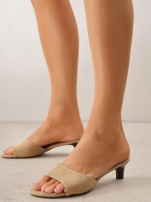 Beżowe Klapki VICES na Obcasie Kaczuszka ze Wstawką Imitującą Drewno Azada