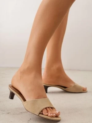 Beżowe Klapki VICES na Obcasie Typu Kaczuszka z Imitacji Drewna Sacredgem