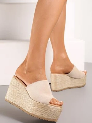Beżowe Klapki w Stylu Boho na Platformie i Koturnie z Paskiem z Imitacji Zamszu Marinle
