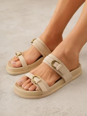 Beżowe Klapki z Dwoma Paskami i Klamrami Cevinra mulanka