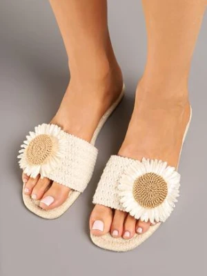 Beżowe Klapki z Szydełkowym Kwiatem 3D Ranema weide