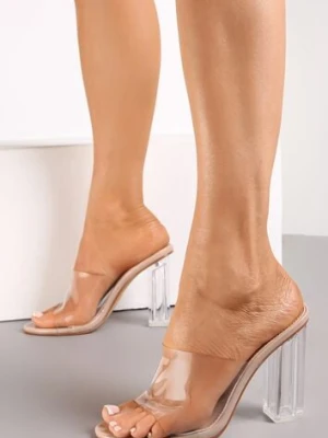 Beżowe Klapki z Transparentnym Paskiem i Obcasem Typu Słupek Zamallo