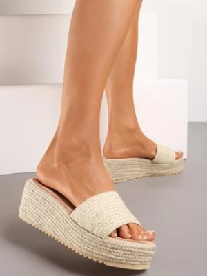 Beżowe Klapki z Wkładką z Ekozamszu na Koturnie Ozdobione Plecionką z Juty Eltesa