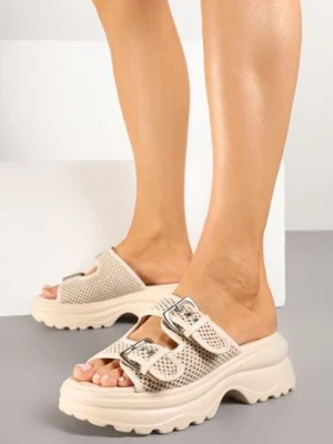 Beżowe Klapki ze Sprzączkami i Plecionką na Grubej Podeszwie z Tłoczeniami Nlerra weide