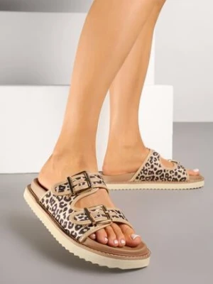 Beżowe Panterkowe Klasyczne Klapki z Paskami z Klamrami Palavenna super mode