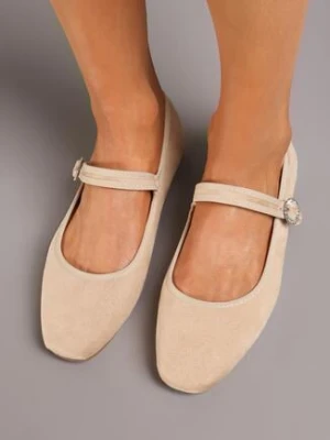 Beżowe Klasyczne Płaskie Balerinki Zapinane na Sprzączkę Risayne
