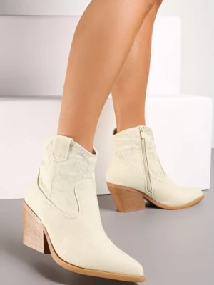 Beżowe Botki Kowbojki na Słupku z Przeszyciami Weava