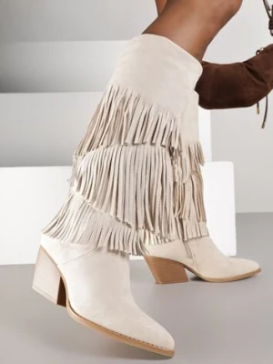 Beżowe Kozaki Kowbojki na Stożku Ozdobione Frędzlami Giolanda super mode