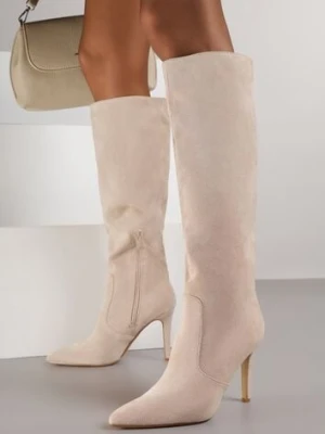 Beżowe Kozaki przed Kolano na Szpilce z Noskiem w Szpic Modara