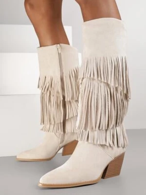 Beżowe Kozaki Typu Kowbojki na Stożkowym Obcasie z Frędzlami Acirrive super mode