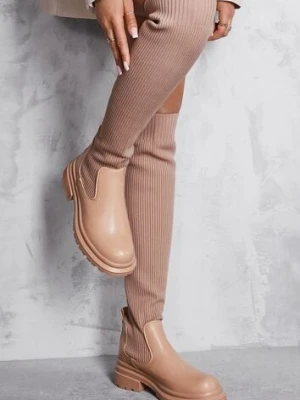 Beżowe Kozaki z Elastyczną Prążkowaną Cholewką za Kolano Goisee