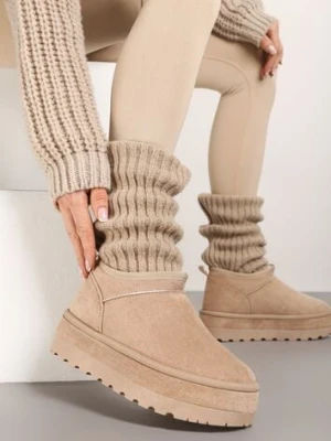 Beżowe Krótkie Śniegowce Vices z Ozdobną Lamówką Olfedi