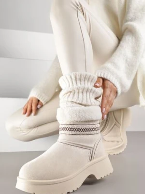 Beżowe Krótkie Śniegowce Wsuwane z Haftem i Futerkiem przy Cholewce Miovadia shoes