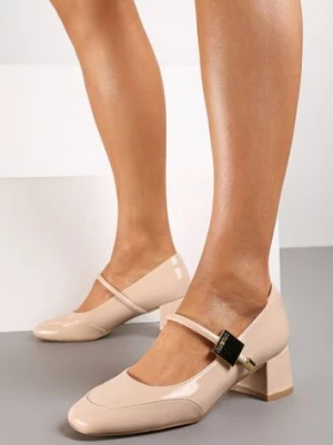 Beżowe Lakierowane Czółenka na Niewysokim Słupku z Elastycznym Paskiem i Złotą Aplikacją Ittevana