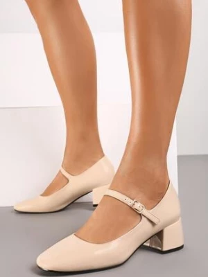 Beżowe Lakierowane Czółenka na Niskim Słupku z Zapięciem na Sprzączkę Erira