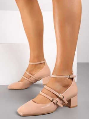 Beżowe Lakierowane Czółenka na Obcasie z Ozdobnymi Sprzączkami i Paskami Irimoras