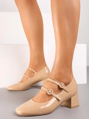 Beżowe Lakierowane Czółenka na Słupku w Stylu Mary Jane Crezia