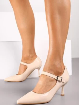 Beżowe Lakierowane Czółenka na Szpilce Ozdobione Paskiem ze Sprzączką Erismia