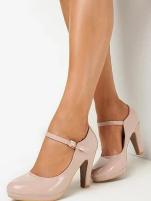 Beżowe Lakierowane Czółenka na Wysokim Obcasie ze Sprzączką Lutwa
