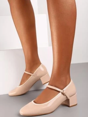 Beżowe Lakierowane Półbuty na Obcasie w Stylu Mary Jane ze Sprzączką Timavine
