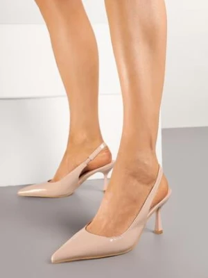 Beżowe Lakierowane Sandały na Szpilce z Noskiem w Szpic i Odkrytą Piętą Tadeonia mulanka