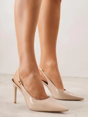 Beżowe Lakierowane Sandały na Szpilce z Odkrytą Piętą i Aplikacją Meridoria