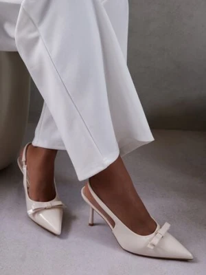 Beżowe Lakierowane Sandały Szpilki Vices Typu Slingback z Kokardą Dorozia