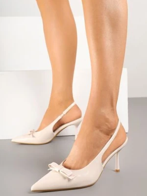 Beżowe Lakierowane Sandały Szpilki Vices Typu Slingback z Kokardą Dorozia