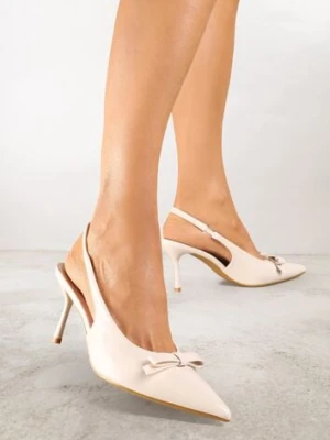 Beżowe Lakierowane Sandały Szpilki Vices Typu Slingback z Kokardą Dorozia