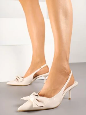 Beżowe Lakierowane Sandały Vices na Szpilce Bez Pięty z Kokardą Niliswena